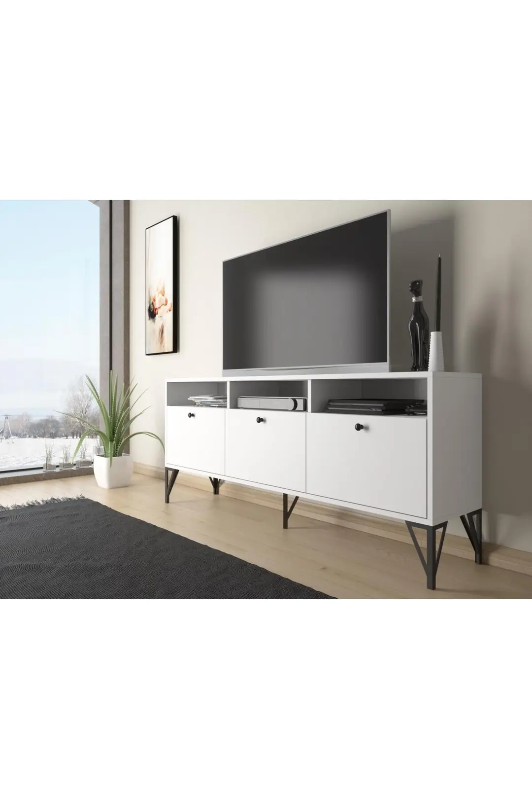 Rhea 160 Cm Dolaplı, Minifiks Bağlantı, Geniş Tv Ünitesi - Konsol - Beyaz / Siyah